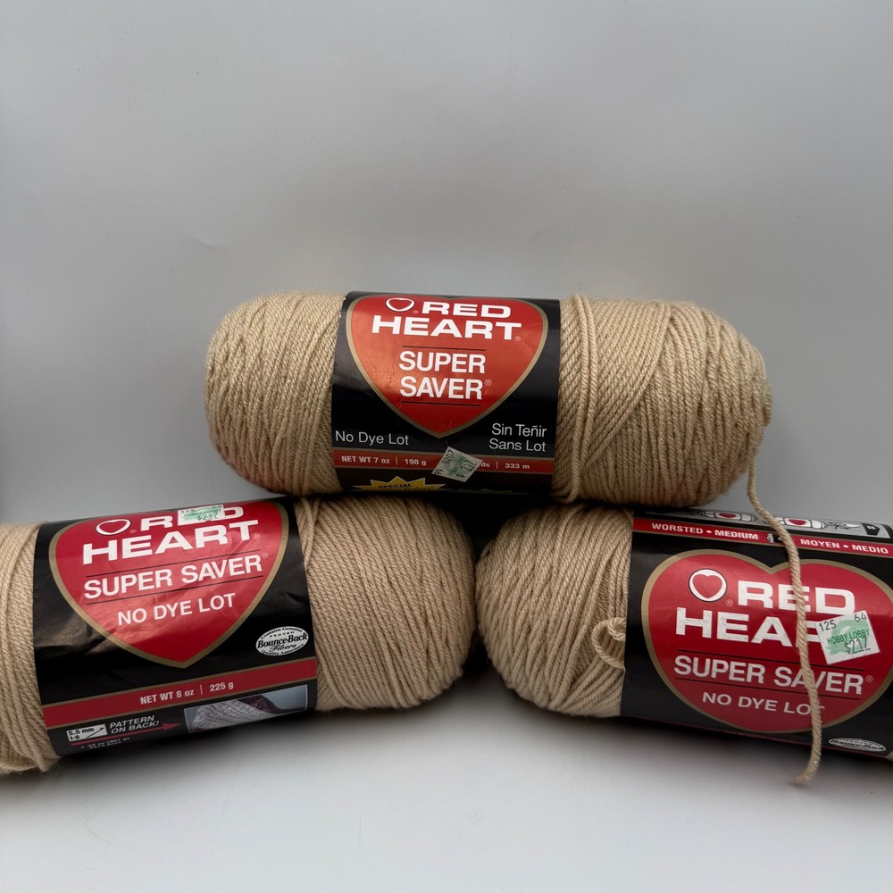 Red Heart Super Saver Yarn 3 Skeins Buff Worsted Medium 4 Acrylic No Dye Lot